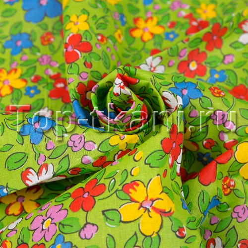 Лоскут Ситец набивной - Луговые цветы (Зеленый) (180 см х 80 см)